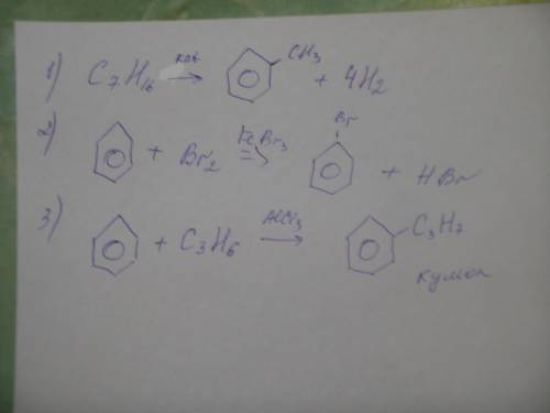 Напишите уравнения реакций: а)получение толуола из н-гептана б)каталитическое бромирование бензола в
