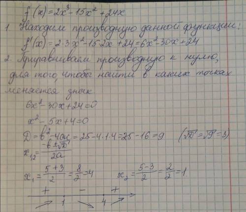 Найдите промежутки возрастания и убывания функции: f(x)=2x^3-15x^2+24x.
