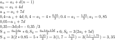 a_{n} =a _{1} +d(n-1)&#10;&#10;a_{5} =a _{1}+4d&#10;&#10;a _{8} =a _{1}+7d&#10;&#10;0,4=a _{1}+4d; 0,4=a _{1}-4* \frac{0,35}{3} ;0.4=a _{1} - \frac{1,35}{3} ;&#10;a _{1}=0,85&#10;&#10;&#10;0,05=a _{1}+7d&#10;&#10;0,35=-3d;d= - 0,35 /3&#10;&#10;S _{6} = \frac{a _{1} +a _{6} }{2} *6; S _{6}= \frac{a _{1} +a _{1}+5d}{2} *6;S _{6}= 3(2a _{1}+5d)&#10;&#10;S _{6} =3(2*0.85-5* \frac{0,35}{3} )=3(1,7- \frac{1,75}{3} )=3( \frac{5,1-1,75}{3} )=3,35&#10;&#10;