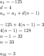 a_1=-125\\d=4\\a_n=a_1+d(n-1)\\\\-125+4(n-1)=3\\4(n-1)=128\\n-1=32\\n=33\\\\a_{33}=3