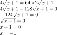 4 \sqrt{x+1}=64*2 \sqrt{x+1}\\4 \sqrt{x+1}-128 \sqrt{x+1}=0\\ -124\sqrt{x+1}=0\\ \sqrt{x+1}=0\\x+1=0\\x=-1