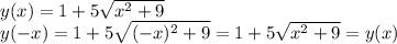 y(x)=1+5 \sqrt{x^2+9}\\ y(-x)=1+5 \sqrt{(-x)^2+9} =1+5 \sqrt{x^2+9} =y(x)