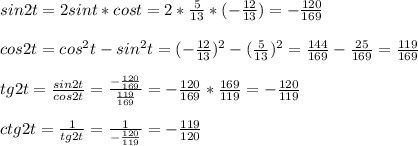 sin2t=2sint*cost=2*\frac{5}{13}*(-\frac{12}{13})=-\frac{120}{169}\\\\cos2t=cos^2t-sin^2t=(-\frac{12}{13})^2-(\frac{5}{13})^2=\frac{144}{169}-\frac{25}{169}=\frac{119}{169}\\\\tg2t=\frac{sin2t}{cos2t}=\frac{-\frac{120}{169}}{\frac{119}{169}}=-\frac{120}{169}*\frac{169}{119}=-\frac{120}{119}\\\\ctg2t=\frac{1}{tg2t}=\frac{1}{-\frac{120}{119}}=-\frac{119}{120}