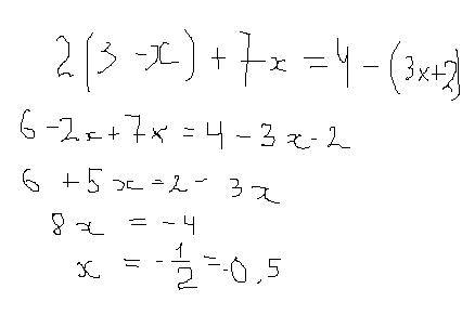 2. решите уравнение: 2(3 – х) + 7х = 4 – (3х + 2).