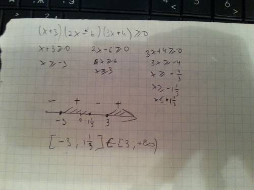 Решите, , неравенство: (x+3)(2x-6)(3x+4) больше или равно 0