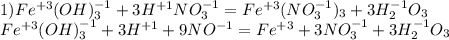 1) Fe^{+3}(OH)^{-1 } _{3} + 3H^{+1} NO^{-1} _3} =Fe^{+3}( NO^{-1}_{3})_{3}+3H^{-1} _{2}O_{3} \\ Fe^{+3}(OH)^{-1 } _{3} + 3H^{+1}+9NO^{-1}=Fe^{+3}+3NO^{-1}_{3}+3H^{-1} _{2}O_{3}