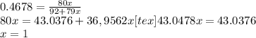 0.4678= \frac{80x}{92+79x} \\ 80x=43.0376+36,9562x<img src=