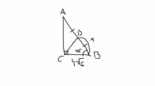 Впрямоугольном треугольнике abc угол c = 90°, cd-биссектриса, угол b = 75°,вс=4√6 найти: bd