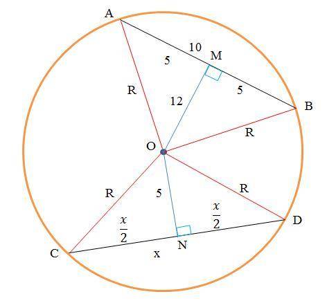 Отрезки ab и cd являются окружности. найдите длину хорды cd, если ab=10 см, а расстояние от центра о