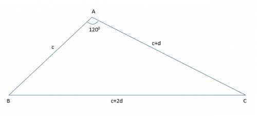 Длины сторон треугольника составляют арифметическую прогрессию , один из углов равен 120° . найти от