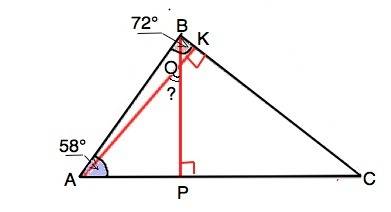 Втреугольнике авс высоты ак и вр пересекаются в точке о. угол авс=72°, а угол сав=58°. найдите угол