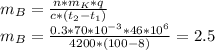 m_B= \frac{n*m_K*q}{c*(t_2-t_1)}\\m_B= \frac{0.3*70*10^{-3}*46*10^6}{4200*(100-8)} = 2.5