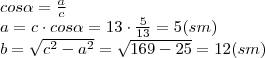 Впрямоугольном треугольнике гипотенуза равна 13см,а косинус одного из острых углов равен 5\13.найдит