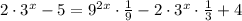 2\cdot 3^x-5=9^{2x}\cdot \frac{1}{9} -2\cdot 3^{x}\cdot \frac{1}{3} +4