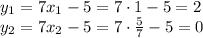 y_1=7x_1-5=7\cdot1-5=2\\ y_2=7x_2-5=7\cdot\frac{5}{7}-5=0