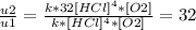 \frac{u2}{u1} = \frac{k*32[HCl]^4*[O2]}{k*[HCl]^4*[O2]} = 32