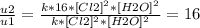\frac{u2}{u1} = \frac{k*16*[Cl2]^2*[H2O]^2}{k*[Cl2]^2*[H2O]^2} = 16