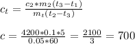 \\ c_{t}= \frac{c_{в}*m_{в}(t_{3}-t_{1})}{m_{t}( t_{2} - t_{3})} \\ &#10; \\ c= \frac{4200 *0.1*5}{0.05*60} = \frac{2100}{3} = 700