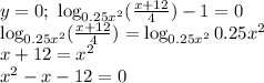 y=0;\,\, \log_{0.25x^2}( \frac{x+12}{4})-1=0 \\ \log_{0.25x^2}( \frac{x+12}{4})=\log_{0.25x^2}0.25x^2 \\ x+12=x^2 \\ x^2-x-12=0