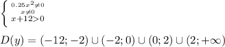 \left \{ {{0.25x^2 \neq 0} \atop {x \neq 0}}\atop {x+120} \right. \\ \\ D(y)=(-12;-2)\cup(-2;0)\cup(0;2)\cup(2;+\infty)