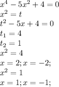 x^{4}-5x^{2}+4=0\\&#10;x^{2}=t\\&#10;t^{2}-5x+4=0\\&#10;t_{1}=4\\&#10;t_{2}=1\\&#10;x^{2}=4\\&#10;x=2;x=-2;\\&#10;x^{2}=1\\&#10;x=1;x=-1;&#10;