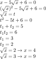 x-5\sqrt{x}+6=0\\&#10;(\sqrt{x})^{2}-5\sqrt{x}+6=0\\&#10;\sqrt{x}=t\\&#10;t^{2}-5t+6=0\\&#10;t_{1}+t_{2}=5\\&#10;t_{1}t_{2}=6\\&#10;t_{1}=3\\&#10;t_{2}=2\\&#10;\sqrt{x}=2 \to x=4\\&#10;\sqrt{x}=3 \to x=9
