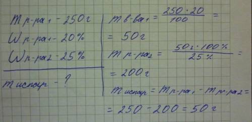 250 г раствора сульфата калия с массовой долей соли 20% выпарили, получив 25%-й раствор соли. какова