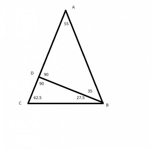 Авс - равнобедренный треугольник. вс - основание. угол а = 55 градусов.вd - высота треугольника. чем