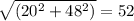 \sqrt{(20^{2}+ 48^{2})} = 52