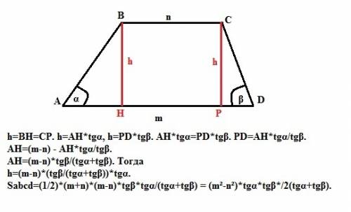 Найдите площадь трапеции, если её основания равны m и n, а прилежащие к основанию m углы равны α и β