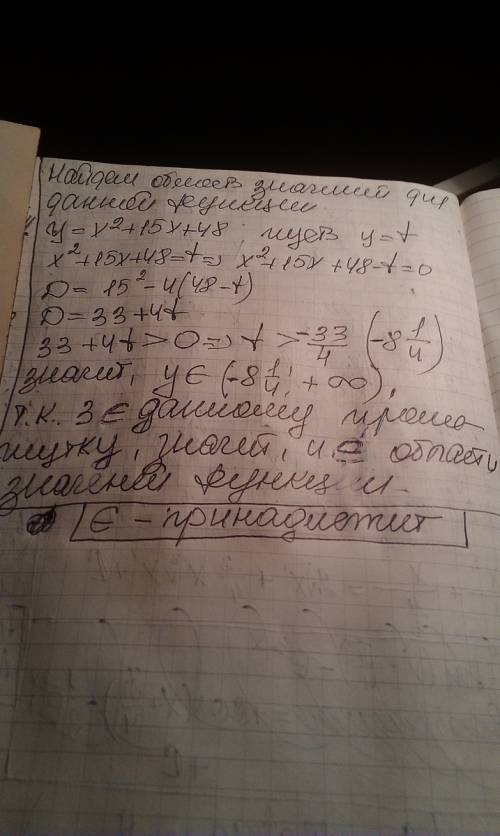 Чи належить число 3 області значень функції у=х2+15х+48? (икс в квадрате)