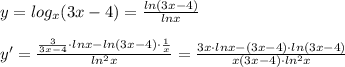 y=log_{x}(3x-4)=\frac{ln(3x-4)}{lnx}\\\\y'=\frac{\frac{3}{3x-4}\cdot lnx-ln(3x-4)\cdot \frac{1}{x}}{ln^2x}=\frac{3x\cdot lnx-(3x-4)\cdot ln(3x-4)}{x(3x-4)\cdot ln^2x}