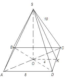 Найти обьем правильной четырех угольной пирамиды со стороной основания 8 см и боковыми ребром 10 см