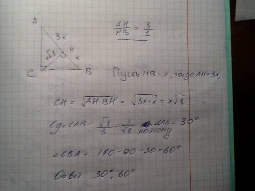 Перпендикуляр проведенный из вершины прямого угла треугольника делит гипотенузу в отношении 1: 3 най