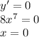 y'=0 \\ 8x^7=0 \\ x=0