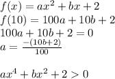 f(x)=ax^2+bx+2\\ f(10)=100a+10b+2\\ 100a+10b+2=0\\ a=\frac{-(10b+2)}{100}\\ \\ ax^4+bx^2+20\\