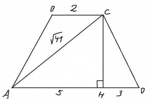 Основания равнобедренной трапеции равны 2 и 8 см, а диагональ \/41. найти боковую сторону трапеции