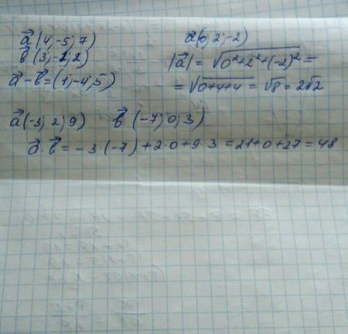 Найти разность векторов а(4; -5; 7) b(3; -1; 2) найти длину вектора а(0; 2; -2) вычислить скалярное