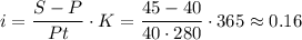 i=\dfrac{S-P}{Pt}\cdot K=\dfrac{45-40}{40\cdot280}\cdot365\approx0.16