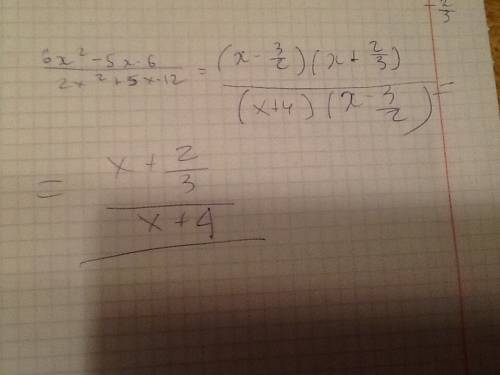 Сократите дробь 6x^2-5x-6/2x^2+5x-12.