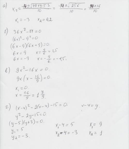 Прям сейчяс решить уравнение. а)5x²+14x-3=0 б)36x²-81=0 в)9x²=16x г)(x-4)²-2(x-4)-15=0