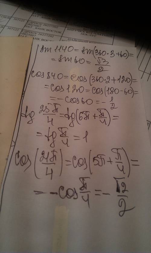 Вычислите с формул : 1) sin 1140 2) cos 840 3) tg 25п/4 4) cos 21п/4