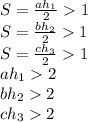S=\frac{ah_{1}}{2}1\\&#10;S=\frac{bh_{2}}{2}1\\&#10;S=\frac{ch_{3}}{2}1\\\&#10;ah_{1}2\\&#10;bh_{2}2\\&#10;ch_{3}2