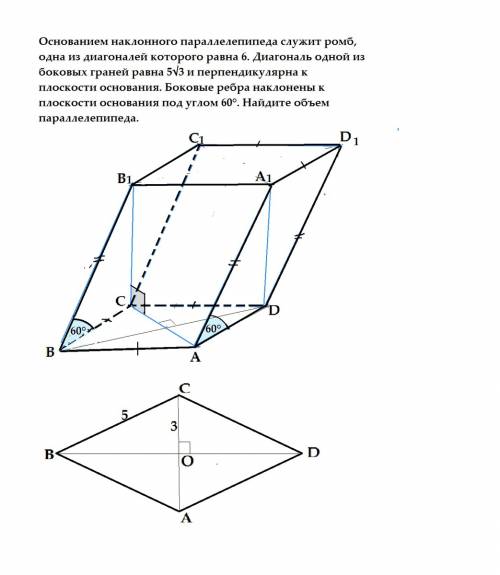 Основанием наклонного параллелепипеда служит ромб, одна из диагоналей которого равна 6. диагональ од