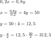 0,2 x=0,8y\\\\x=\frac{0,8y}{0,2}=4y=50\\\\y=50:4=12,5\\\\y\cdot \frac{x}{2}=12,5\cdot \frac{50}{2}=312,5