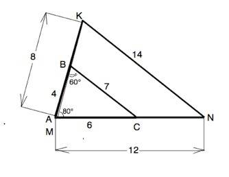 Втреугольнике abc ab=4 см,bc=7см,ac=6 см, а в треугольнике mn mk=8см, mn=12 см, kn=14 см. найдите уг