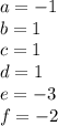 a=-1\\ b=1\\ c=1\\ d=1\\ e=-3\\ f=-2\\