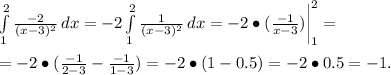 \int\limits^2_1 {\frac{-2}{(x-3)^2}} \, dx = -2\int\limits^2_1 {\frac{1}{(x-3)^2}} \, dx =-2\bullet(\frac{-1}{x-3})\bigg|^2_1= \\ \\ =-2\bullet(\frac{-1}{2-3}-\frac{-1}{1-3})=-2\bullet(1-0.5)=-2\bullet0.5=-1.