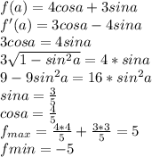 f(a)=4cosa+3sina\\&#10; f'(a)=3cosa-4sina\\&#10; 3cosa=4sina\\&#10; 3\sqrt{1-sin^2a}=4*sina\\&#10; 9-9sin^2a=16*sin^2a\\&#10; sina=\frac{3}{5}\\&#10; cosa=\frac{4}{5}\\&#10; f_{max} = \frac{4*4}{5}+\frac{3*3}{5}=5\\&#10; f{min}=-5