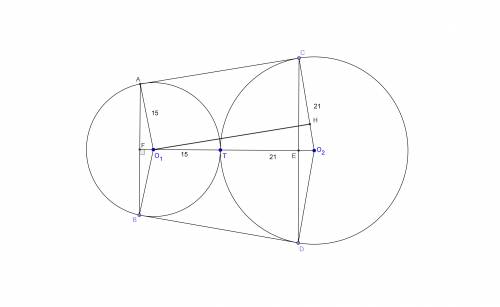 Окружности радиусов 15 и 21 касаются внешним образом. точки a и b лежат на первой окружности, точки